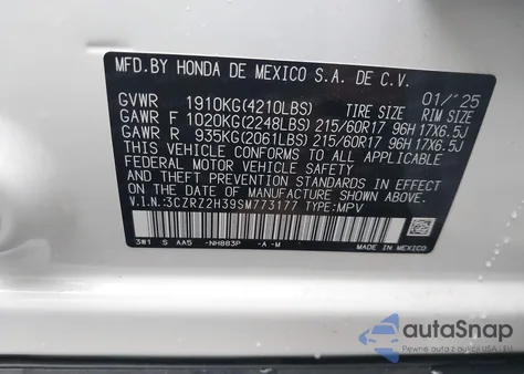 2025 Honda Hr-V Lx from USA, damaged, VIN 3CZRZ2H39SM773177